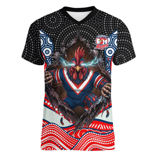Sydney Roosters Women V-Neck T-Shirt The Scream of Lightning Eyes - Indigenous Dot Ripping Effect