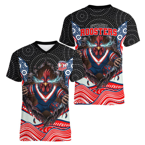 Sydney Roosters Women V-Neck T-Shirt The Scream of Lightning Eyes - Indigenous Dot Ripping Effect