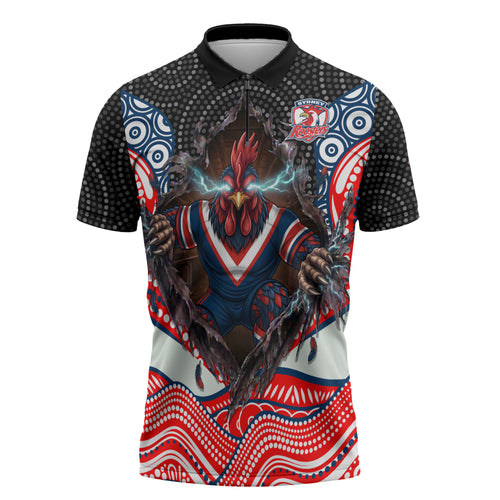 Sydney Roosters Zipper Polo Shirt The Scream of Lightning Eyes - Indigenous Dot Ripping Effect