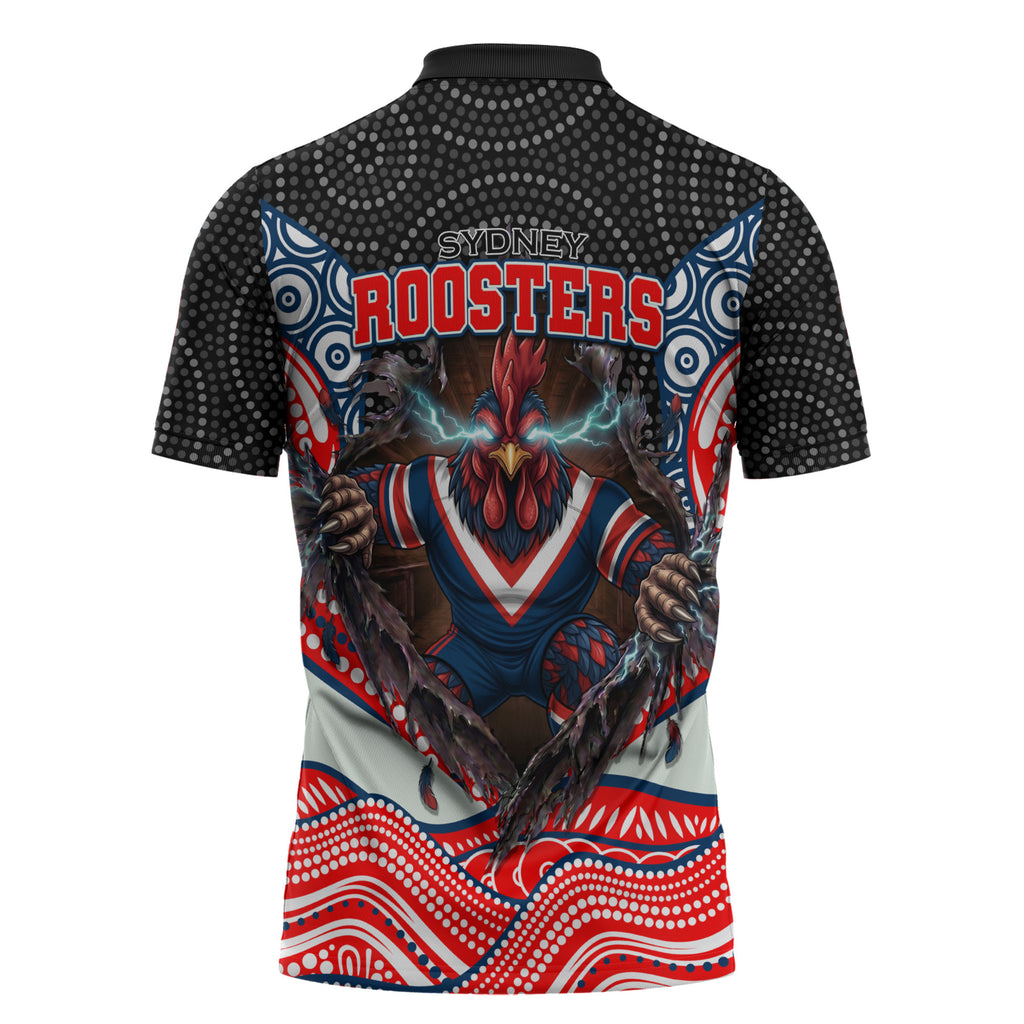 Sydney Roosters Zipper Polo Shirt The Scream of Lightning Eyes - Indigenous Dot Ripping Effect