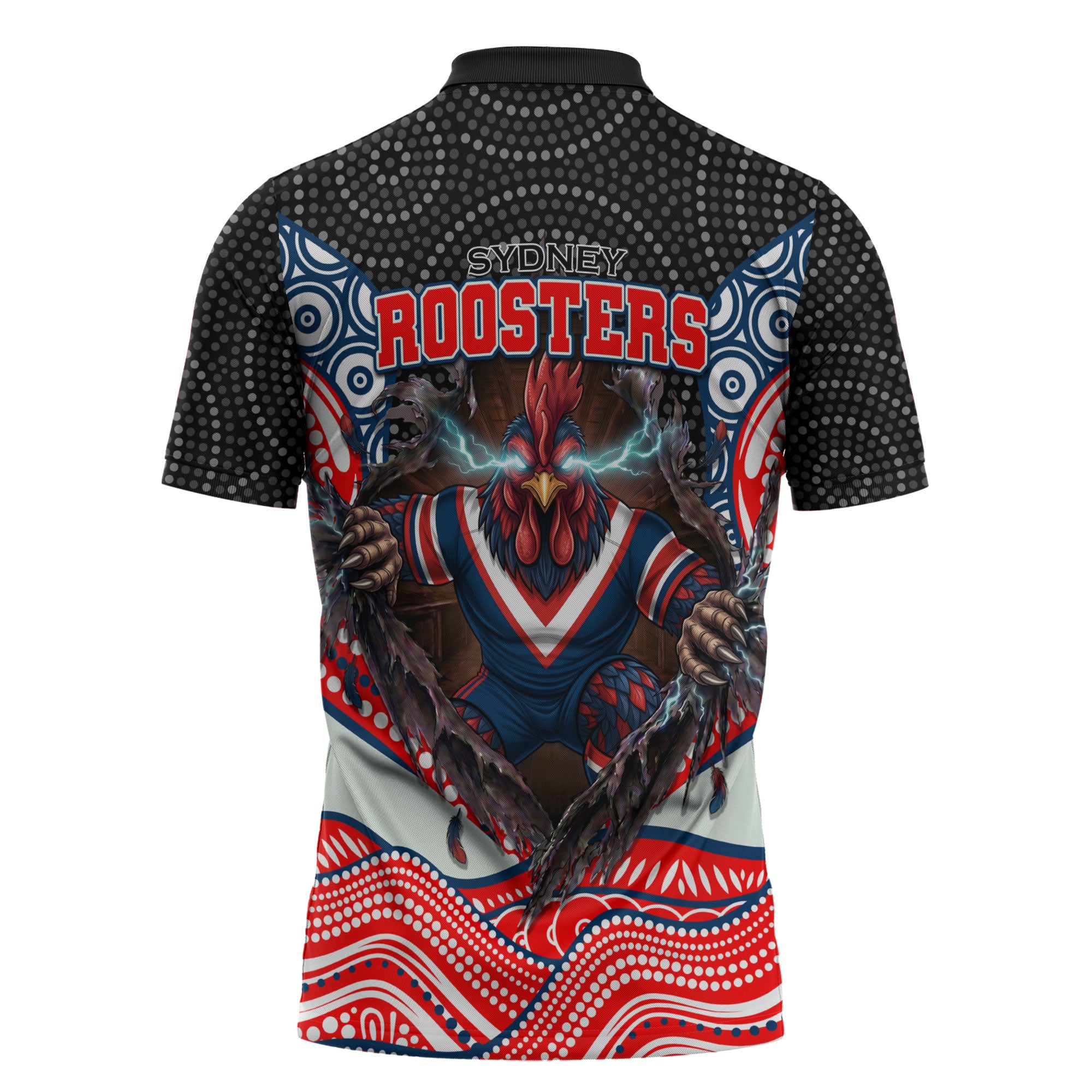 Sydney Roosters Zipper Polo Shirt The Scream of Lightning Eyes - Indigenous Dot Ripping Effect