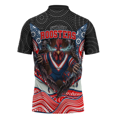 Sydney Roosters Zipper Polo Shirt The Scream of Lightning Eyes - Indigenous Dot Ripping Effect