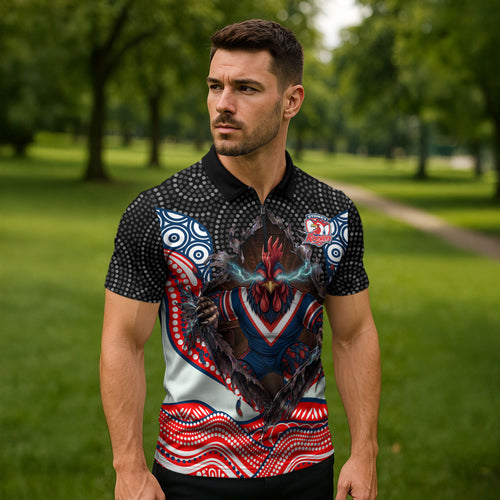 Sydney Roosters Zipper Polo Shirt The Scream of Lightning Eyes - Indigenous Dot Ripping Effect