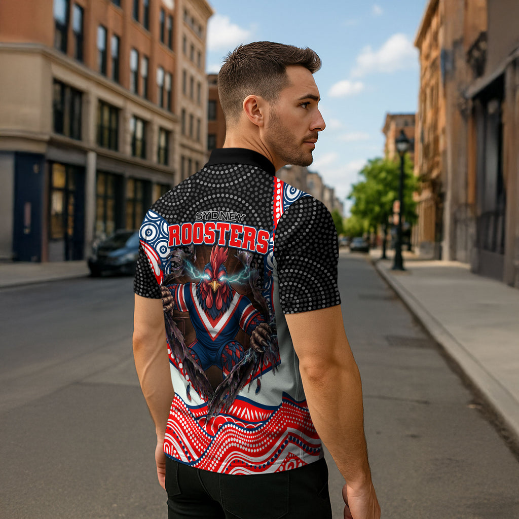 Sydney Roosters Zipper Polo Shirt The Scream of Lightning Eyes - Indigenous Dot Ripping Effect