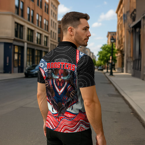 Sydney Roosters Zipper Polo Shirt The Scream of Lightning Eyes - Indigenous Dot Ripping Effect