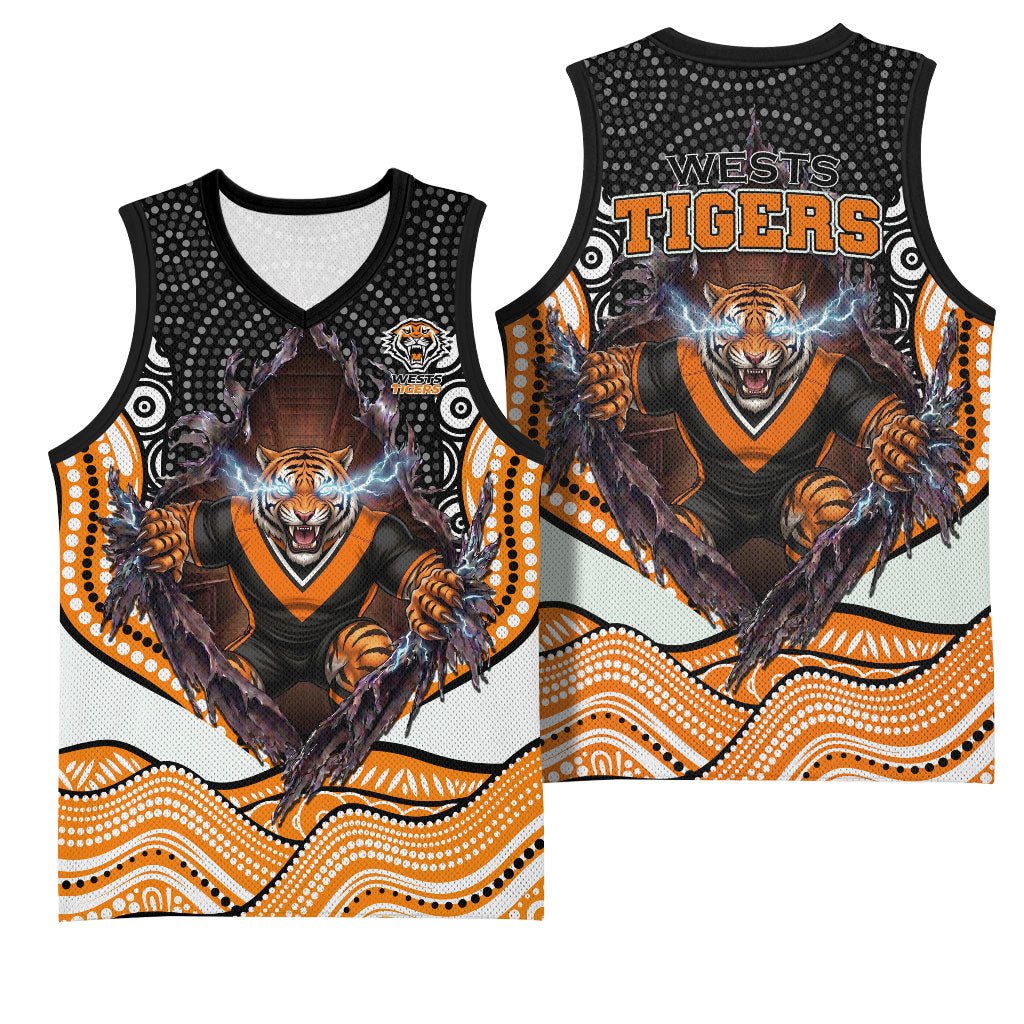 Wests Tigers Basketball Jersey The Scream of Lightning Eyes - Indigenous Dot Ripping Effect