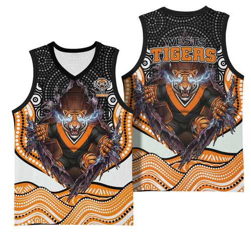 Wests Tigers Basketball Jersey The Scream of Lightning Eyes - Indigenous Dot Ripping Effect