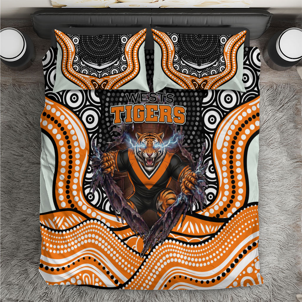 Wests Tigers Bedding Set The Scream of Lightning Eyes - Indigenous Dot Ripping Effect
