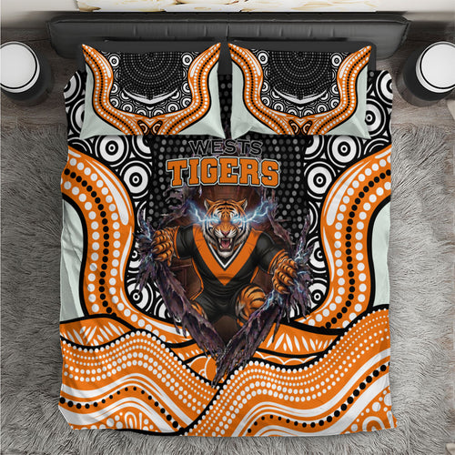 Wests Tigers Bedding Set The Scream of Lightning Eyes - Indigenous Dot Ripping Effect
