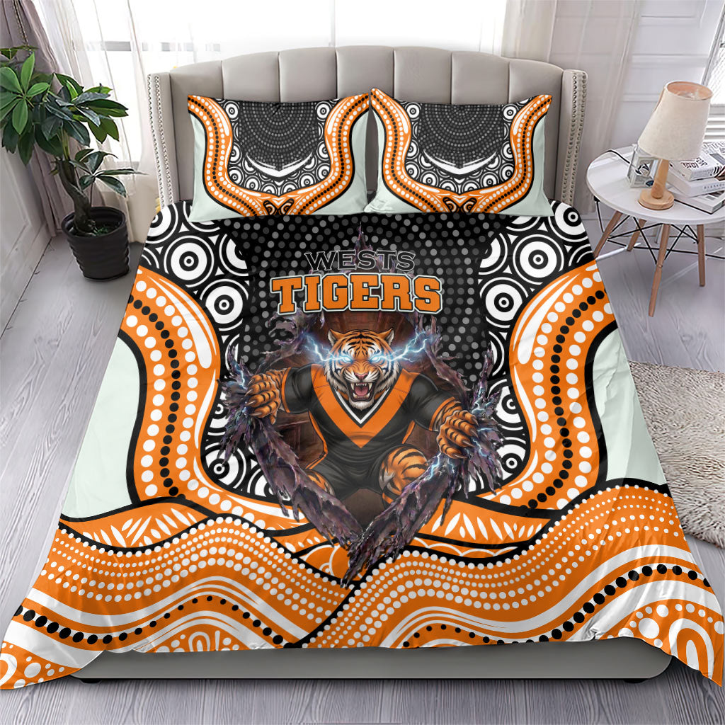 Wests Tigers Bedding Set The Scream of Lightning Eyes - Indigenous Dot Ripping Effect