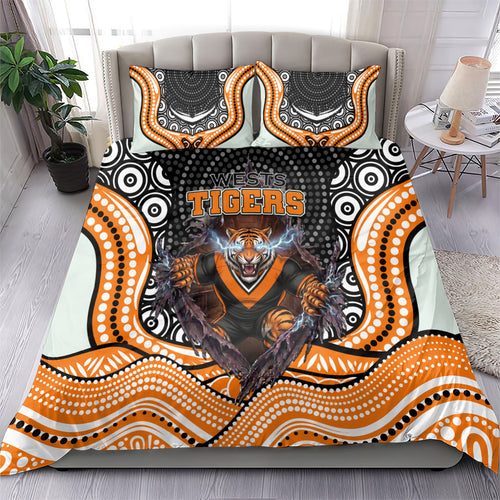 Wests Tigers Bedding Set The Scream of Lightning Eyes - Indigenous Dot Ripping Effect