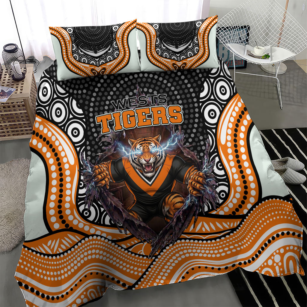 Wests Tigers Bedding Set The Scream of Lightning Eyes - Indigenous Dot Ripping Effect
