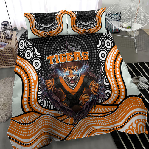 Wests Tigers Bedding Set The Scream of Lightning Eyes - Indigenous Dot Ripping Effect