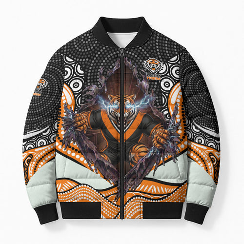 Wests Tigers Bomber Puffer Jacket The Scream of Lightning Eyes - Indigenous Dot Ripping Effect