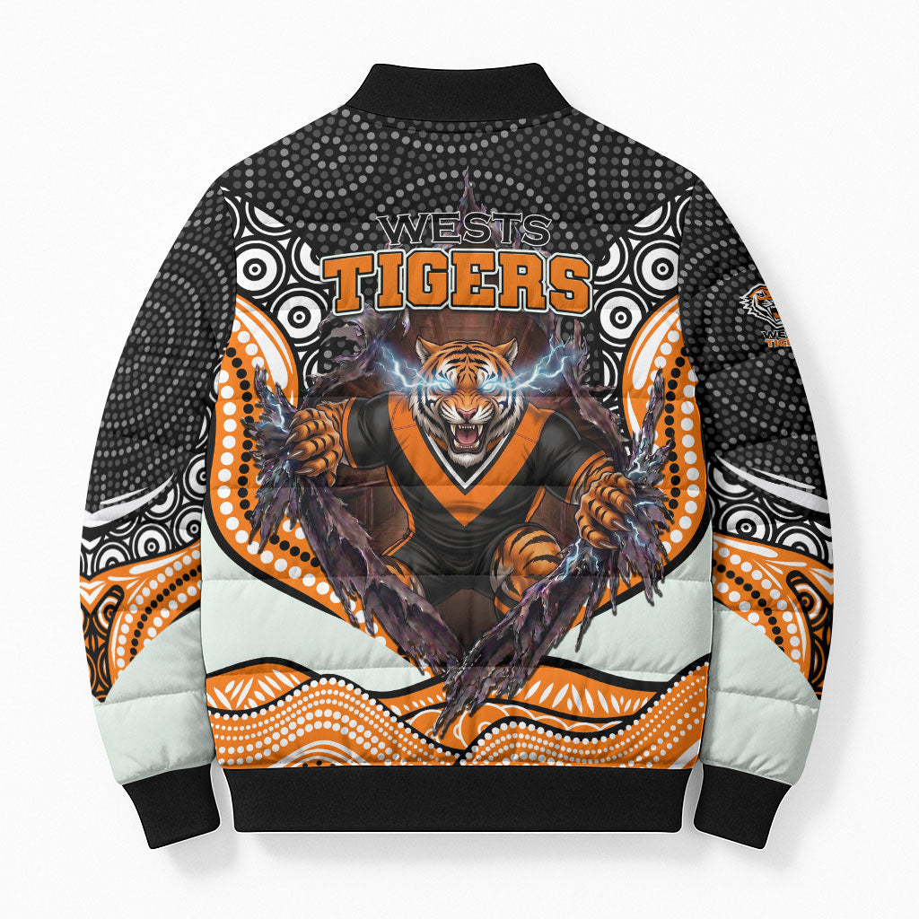 Wests Tigers Bomber Puffer Jacket The Scream of Lightning Eyes - Indigenous Dot Ripping Effect
