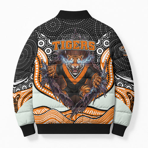 Wests Tigers Bomber Puffer Jacket The Scream of Lightning Eyes - Indigenous Dot Ripping Effect