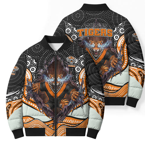 Wests Tigers Bomber Puffer Jacket The Scream of Lightning Eyes - Indigenous Dot Ripping Effect