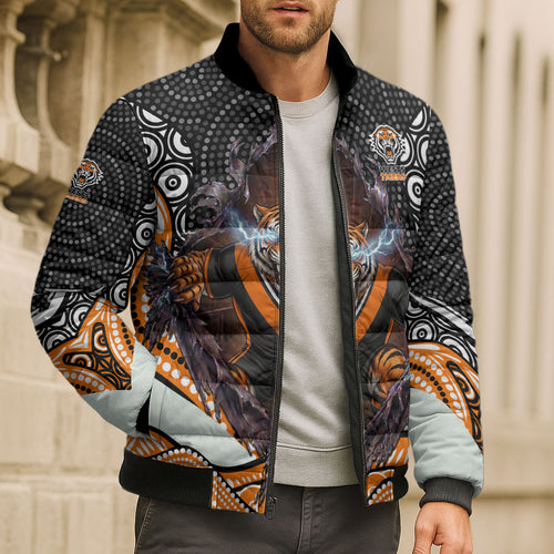 Wests Tigers Bomber Puffer Jacket The Scream of Lightning Eyes - Indigenous Dot Ripping Effect