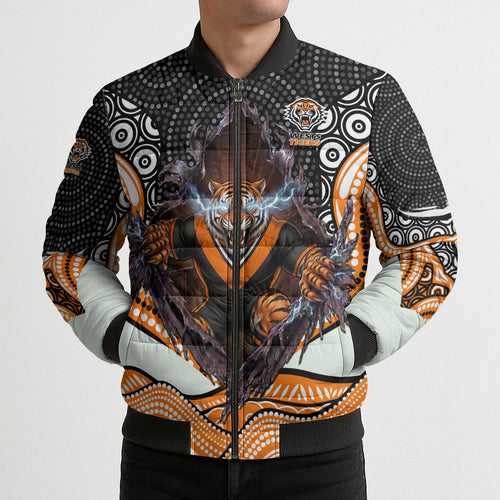 Wests Tigers Bomber Puffer Jacket The Scream of Lightning Eyes - Indigenous Dot Ripping Effect