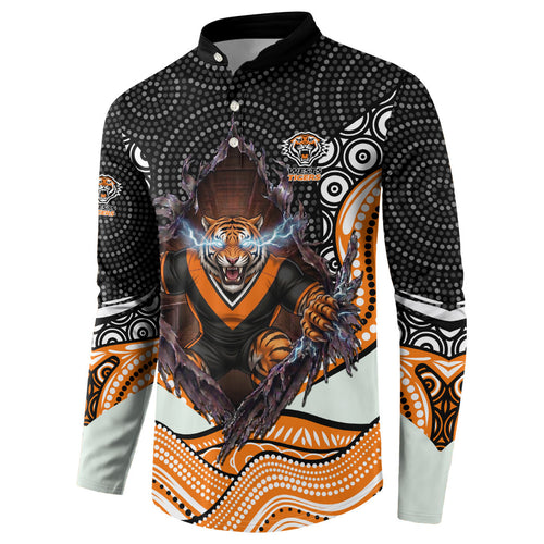 Wests Tigers Button Sweatshirt The Scream of Lightning Eyes - Indigenous Dot Ripping Effect