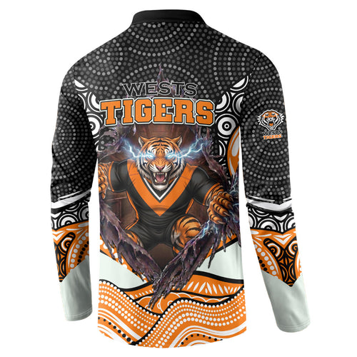 Wests Tigers Button Sweatshirt The Scream of Lightning Eyes - Indigenous Dot Ripping Effect