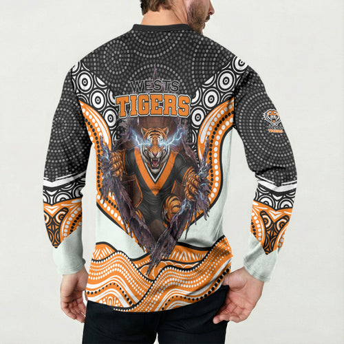 Wests Tigers Button Sweatshirt The Scream of Lightning Eyes - Indigenous Dot Ripping Effect