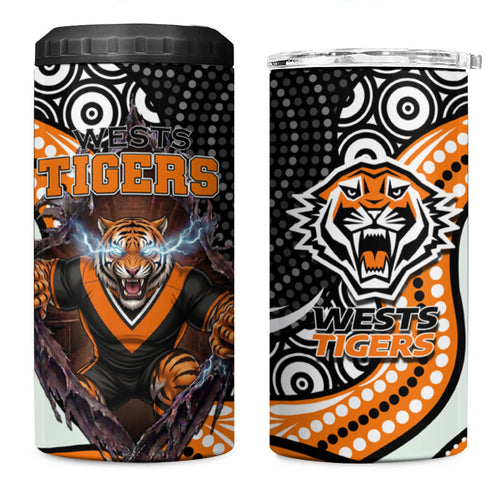 Wests Tigers 4 in 1 Can Cooler Tumbler The Scream of Lightning Eyes - Indigenous Dot Ripping Effect