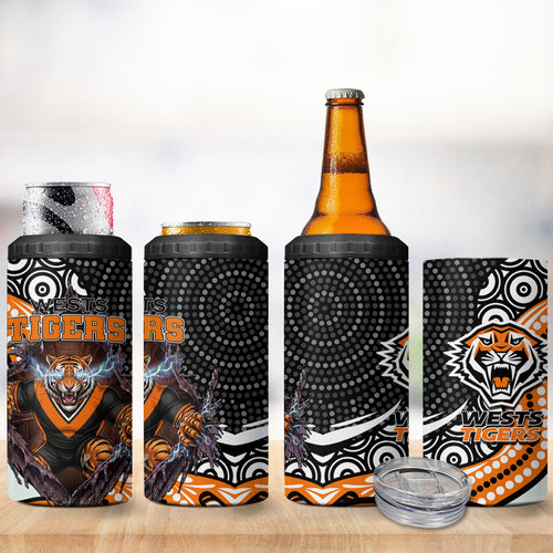 Wests Tigers 4 in 1 Can Cooler Tumbler The Scream of Lightning Eyes - Indigenous Dot Ripping Effect