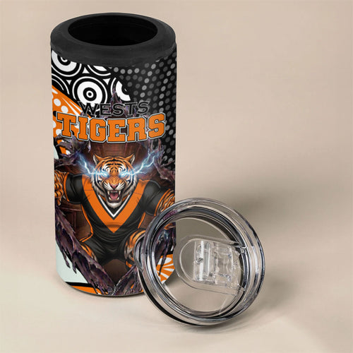 Wests Tigers 4 in 1 Can Cooler Tumbler The Scream of Lightning Eyes - Indigenous Dot Ripping Effect