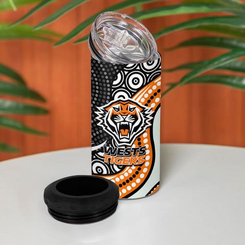 Wests Tigers 4 in 1 Can Cooler Tumbler The Scream of Lightning Eyes - Indigenous Dot Ripping Effect