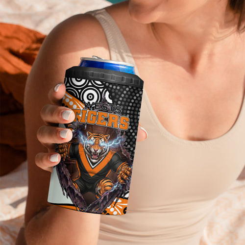 Wests Tigers 4 in 1 Can Cooler Tumbler The Scream of Lightning Eyes - Indigenous Dot Ripping Effect