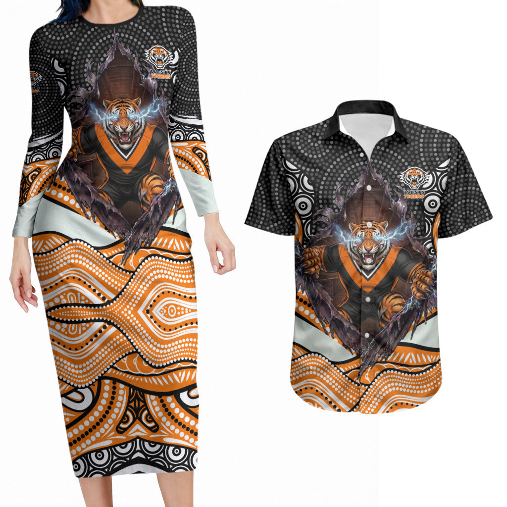 Wests Tigers Couples Matching Long Sleeve Bodycon Dress and Hawaiian Shirt The Scream of Lightning Eyes - Indigenous Dot Ripping Effect