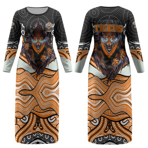 Wests Tigers Couples Matching Long Sleeve Bodycon Dress and Hawaiian Shirt The Scream of Lightning Eyes - Indigenous Dot Ripping Effect