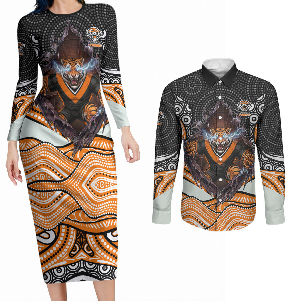 Wests Tigers Couples Matching Long Sleeve Bodycon Dress and Long Sleeve Button Shirt The Scream of Lightning Eyes - Indigenous Dot Ripping Effect