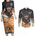 Wests Tigers Couples Matching Long Sleeve Bodycon Dress and Long Sleeve Button Shirt The Scream of Lightning Eyes - Indigenous Dot Ripping Effect