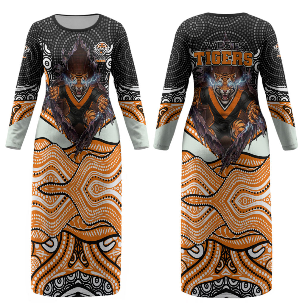 Wests Tigers Couples Matching Long Sleeve Bodycon Dress and Long Sleeve Button Shirt The Scream of Lightning Eyes - Indigenous Dot Ripping Effect