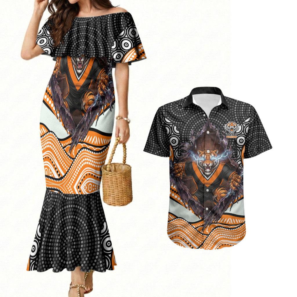 Wests Tigers Couples Matching Mermaid Dress and Hawaiian Shirt The Scream of Lightning Eyes - Indigenous Dot Ripping Effect