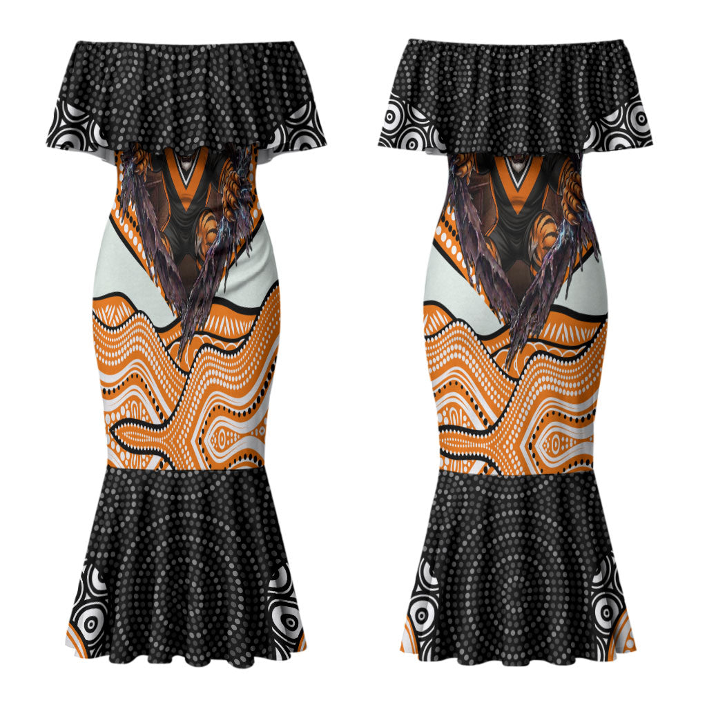 Wests Tigers Couples Matching Mermaid Dress and Hawaiian Shirt The Scream of Lightning Eyes - Indigenous Dot Ripping Effect