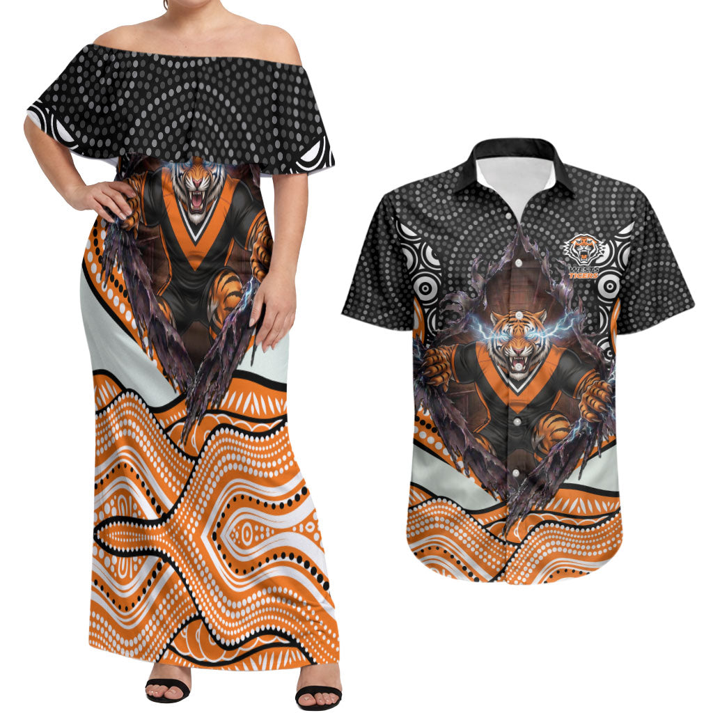 Wests Tigers Couples Matching Off Shoulder Maxi Dress and Hawaiian Shirt The Scream of Lightning Eyes - Indigenous Dot Ripping Effect