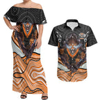 Wests Tigers Couples Matching Off Shoulder Maxi Dress and Hawaiian Shirt The Scream of Lightning Eyes - Indigenous Dot Ripping Effect