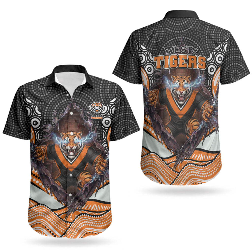 Wests Tigers Couples Matching Off Shoulder Maxi Dress and Hawaiian Shirt The Scream of Lightning Eyes - Indigenous Dot Ripping Effect