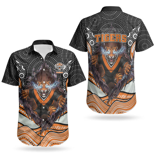 Wests Tigers Couples Matching Off Shoulder Maxi Dress and Hawaiian Shirt The Scream of Lightning Eyes - Indigenous Dot Ripping Effect
