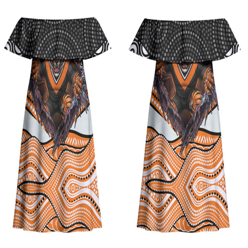 Wests Tigers Couples Matching Off Shoulder Maxi Dress and Hawaiian Shirt The Scream of Lightning Eyes - Indigenous Dot Ripping Effect