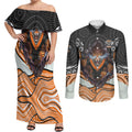 Wests Tigers Couples Matching Off Shoulder Maxi Dress and Long Sleeve Button Shirt The Scream of Lightning Eyes - Indigenous Dot Ripping Effect