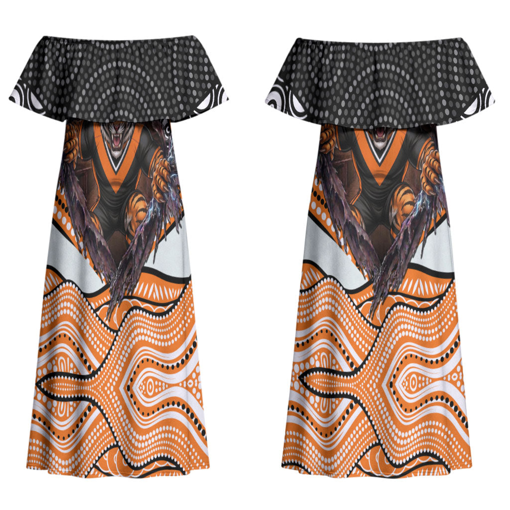Wests Tigers Couples Matching Off Shoulder Maxi Dress and Long Sleeve Button Shirt The Scream of Lightning Eyes - Indigenous Dot Ripping Effect
