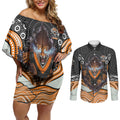 Wests Tigers Couples Matching Off Shoulder Short Dress and Long Sleeve Button Shirt The Scream of Lightning Eyes - Indigenous Dot Ripping Effect