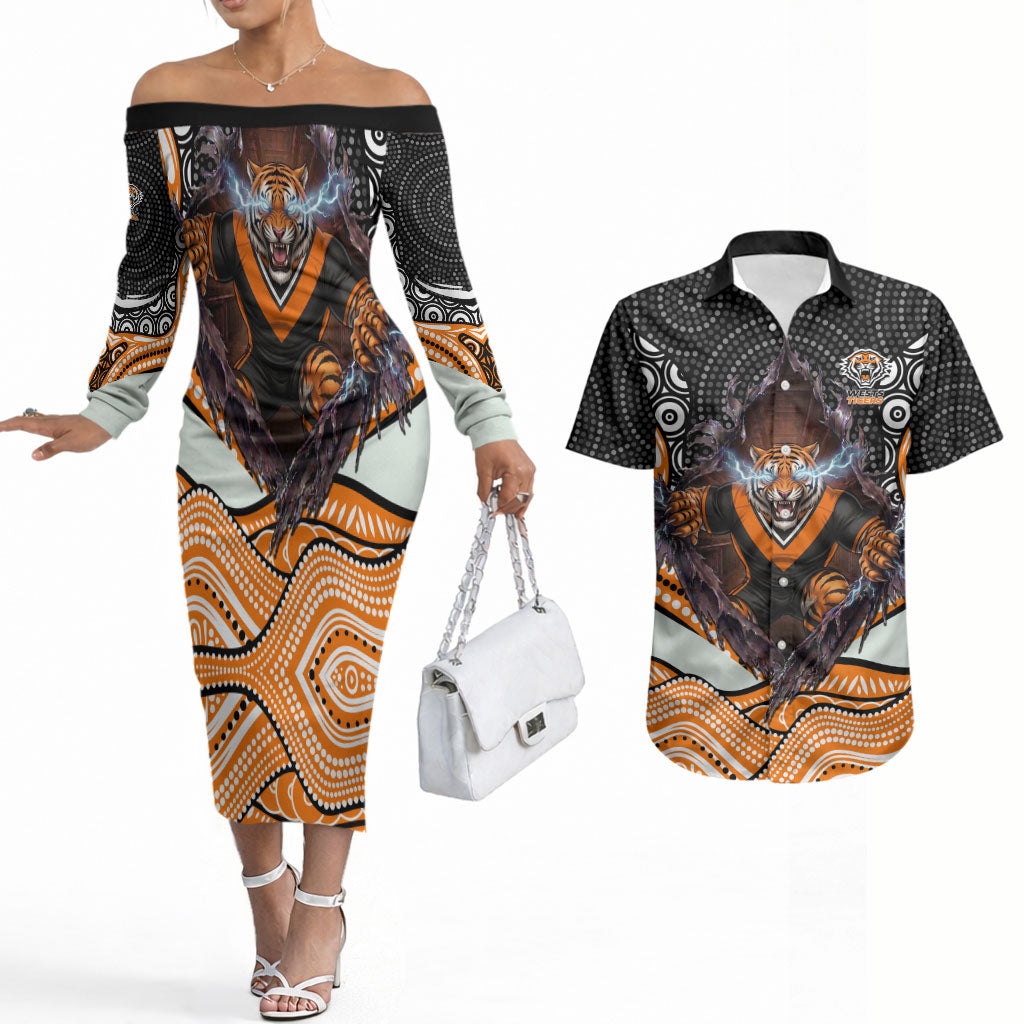 Wests Tigers Couples Matching Off The Shoulder Long Sleeve Dress and Hawaiian Shirt The Scream of Lightning Eyes - Indigenous Dot Ripping Effect