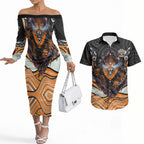 Wests Tigers Couples Matching Off The Shoulder Long Sleeve Dress and Hawaiian Shirt The Scream of Lightning Eyes - Indigenous Dot Ripping Effect