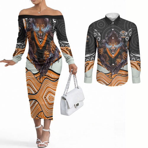 Wests Tigers Couples Matching Off The Shoulder Long Sleeve Dress and Long Sleeve Button Shirt The Scream of Lightning Eyes - Indigenous Dot Ripping Effect
