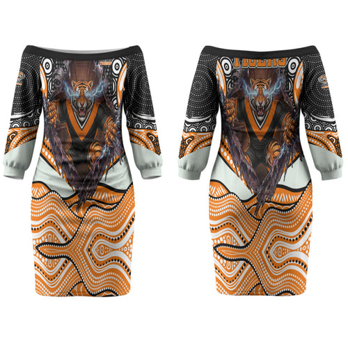 Wests Tigers Couples Matching Off The Shoulder Long Sleeve Dress and Long Sleeve Button Shirt The Scream of Lightning Eyes - Indigenous Dot Ripping Effect